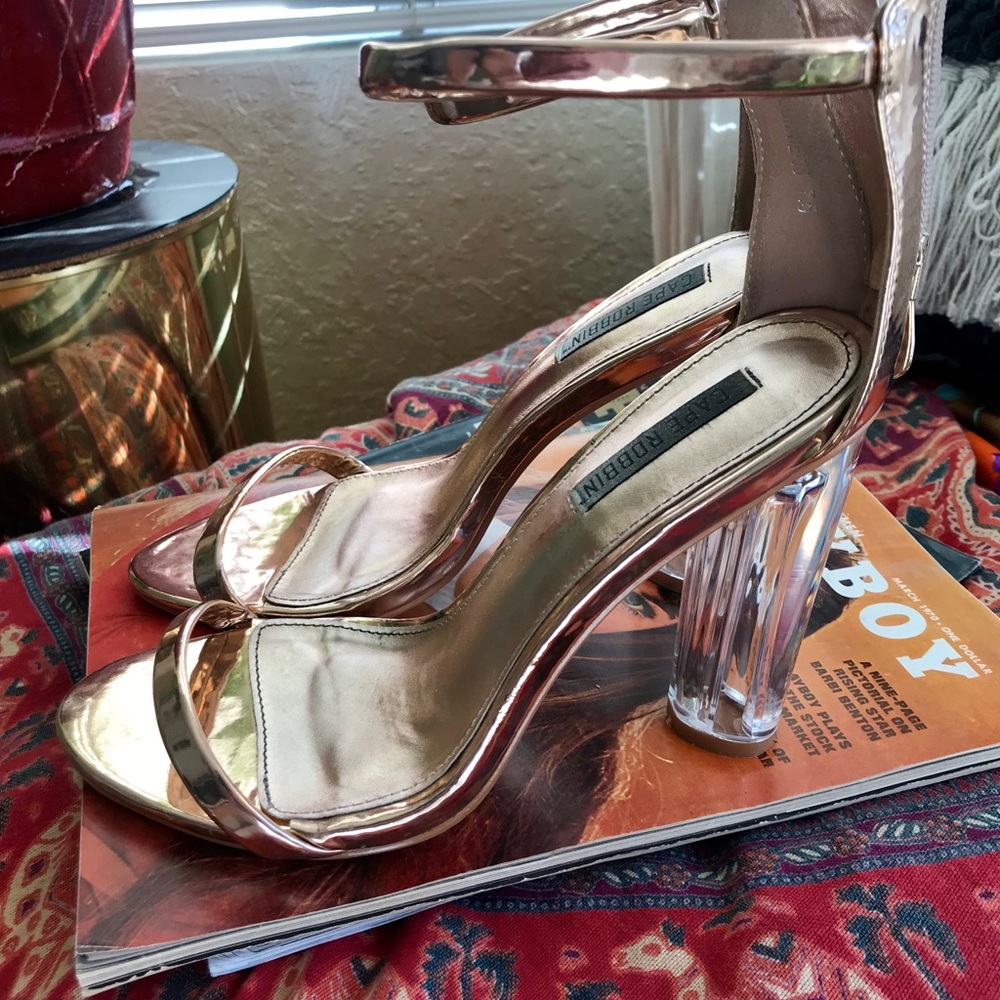 Rose gold and Acrylic heeled ankle strap heels